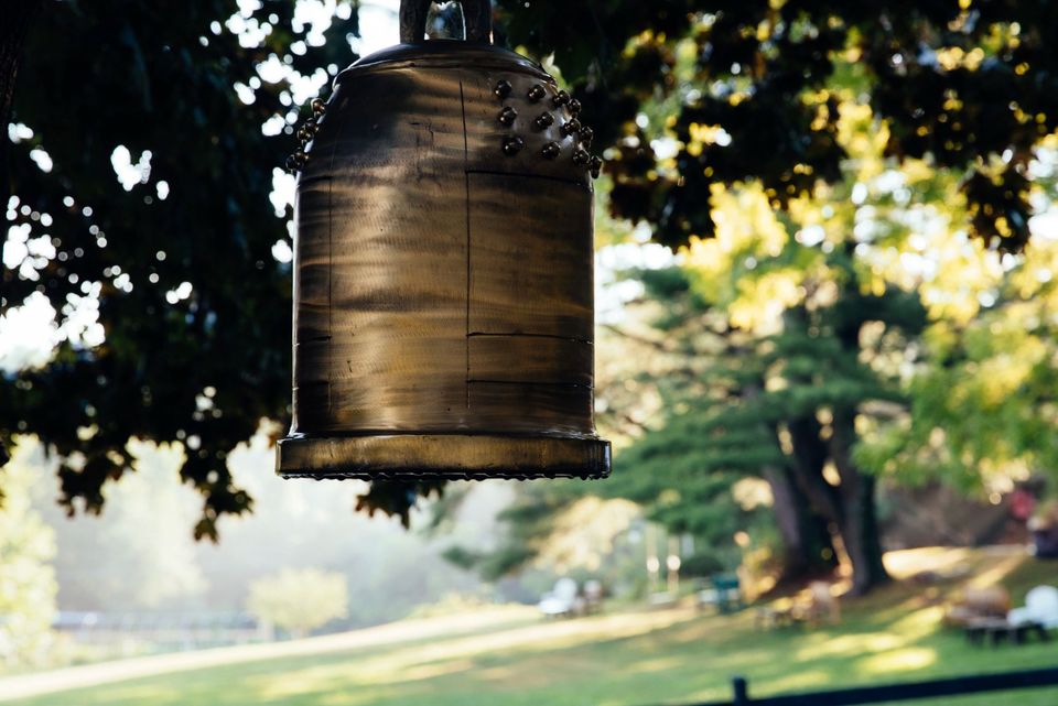 Image of a golden bell hanging from a tree with a sunlit field in the distance